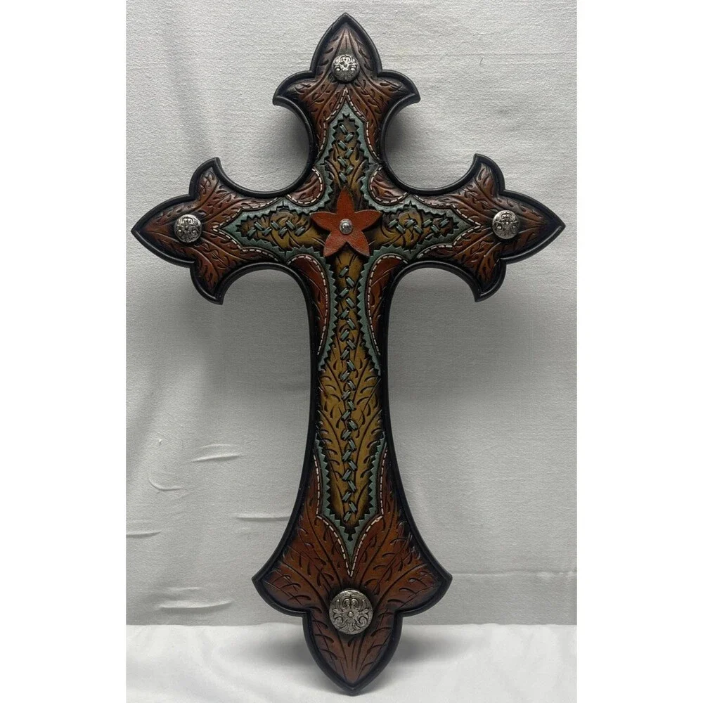 Western Rustic Resin Fleur De Lis Decorative Wall Cross Turquoise Brown 20